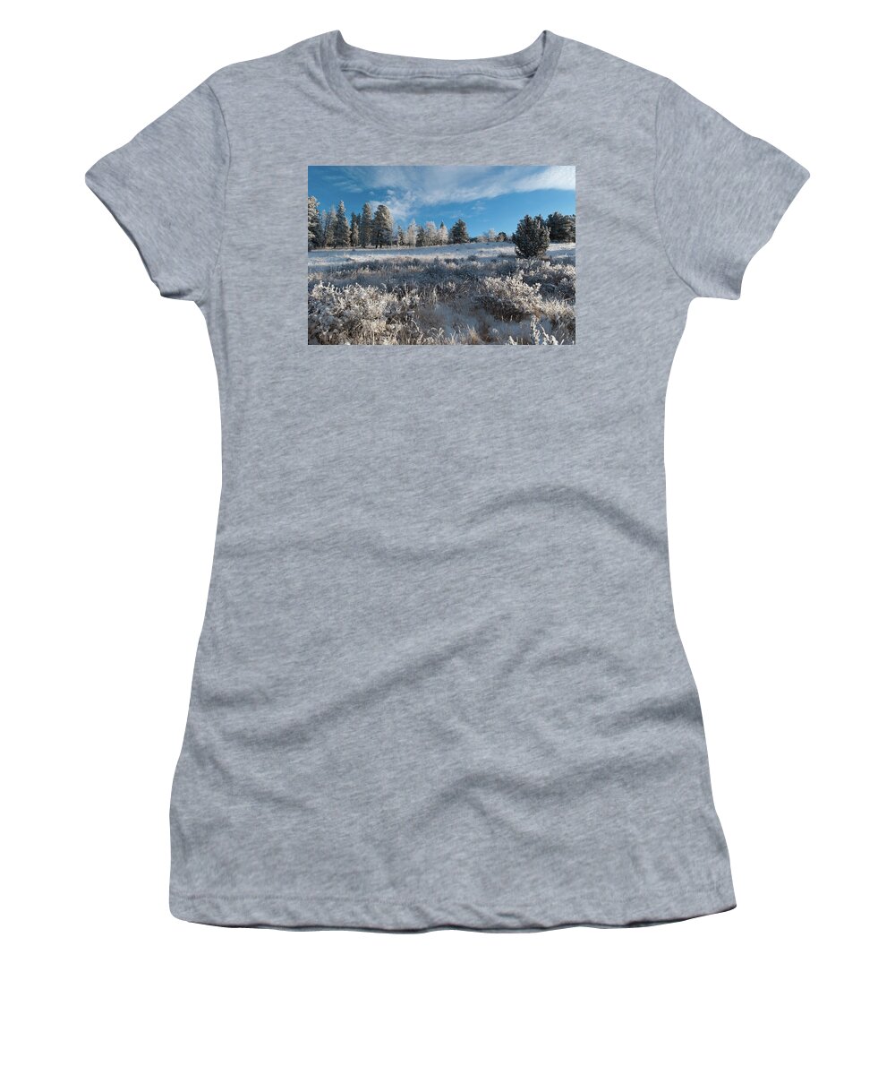 Kenosha Pass Women's T-Shirt featuring the photograph Winter Snow at Kenosha Pass by Cascade Colors