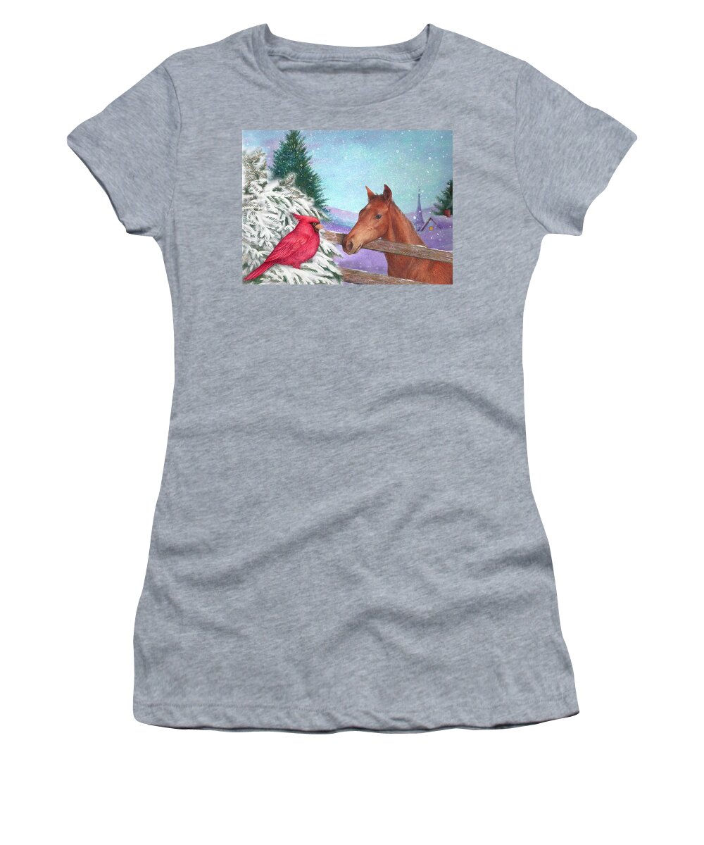 Snowy Landscape Women's T-Shirt featuring the painting Winterscape with horse and cardinal by Judith Cheng