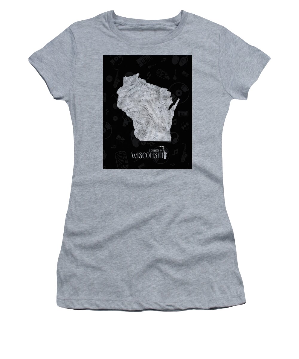 Wisconsin Women's T-Shirt featuring the digital art Wisconsin Map Music Notes 2 by Bekim M