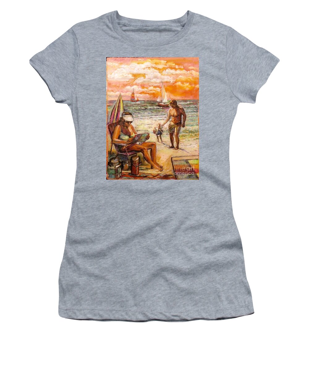 Beach Scene Women's T-Shirt featuring the painting Woman Reading On The Beach by Stan Esson