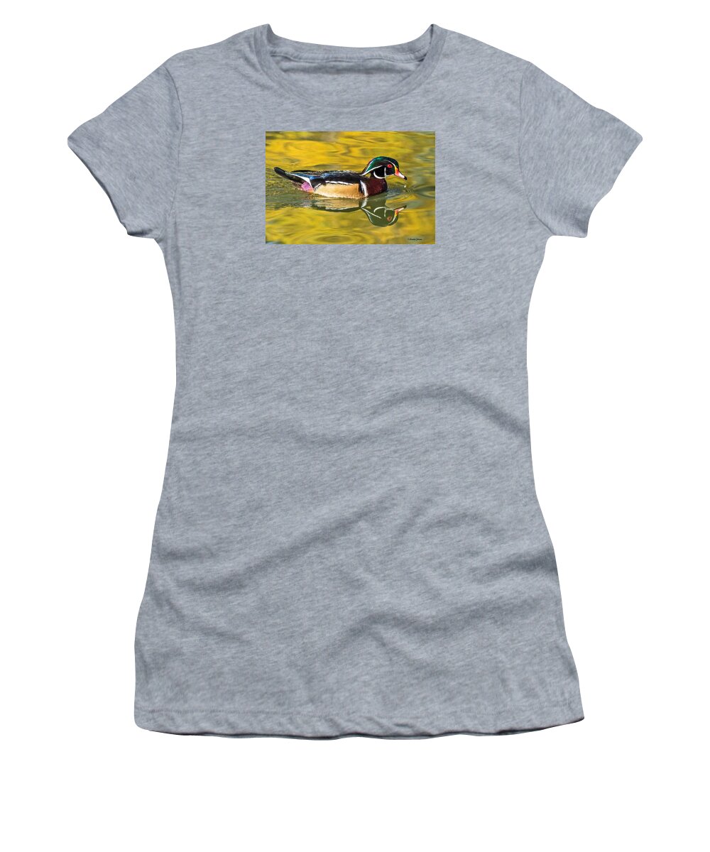 Duck Women's T-Shirt featuring the photograph Wood Duck on Golden Pond by Stephen Johnson