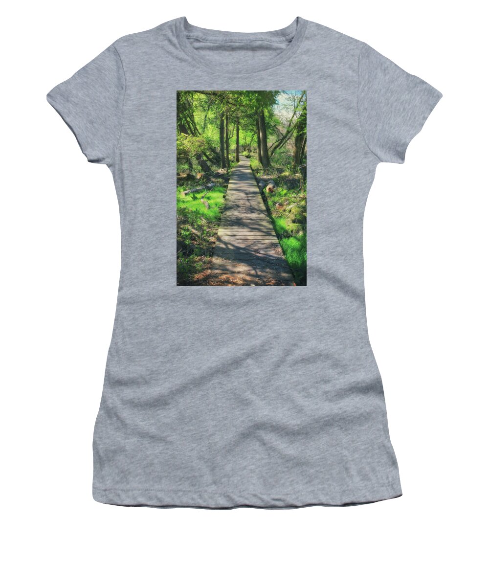 Bridge Women's T-Shirt featuring the photograph Wooded Path - Spring at Retzer Nature Center by Jennifer Rondinelli Reilly - Fine Art Photography