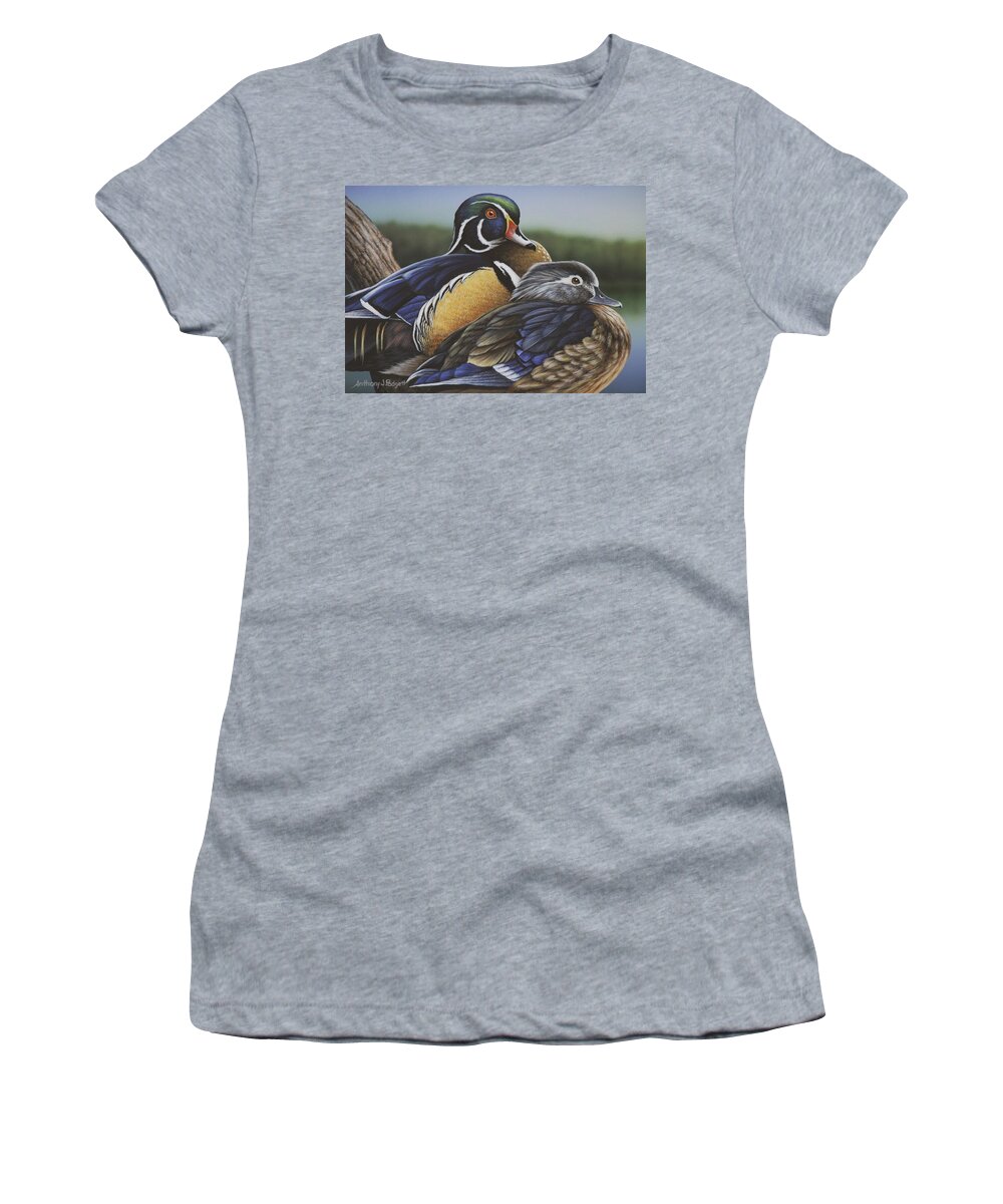 Wood Duck Women's T-Shirt featuring the painting Woodies by Anthony J Padgett