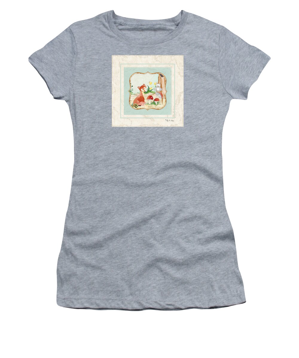 Red Fox Women's T-Shirt featuring the painting Woodland Fairy Tale - Fox Owl Mushroom Forest by Audrey Jeanne Roberts