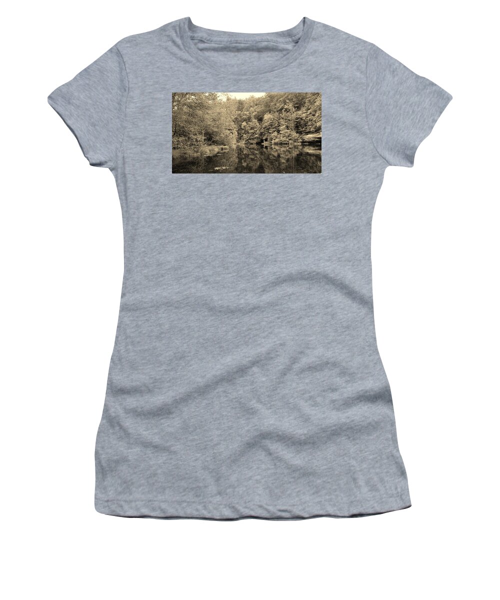 Lake Women's T-Shirt featuring the photograph Woods Along the Lake Sepia by Stacie Siemsen