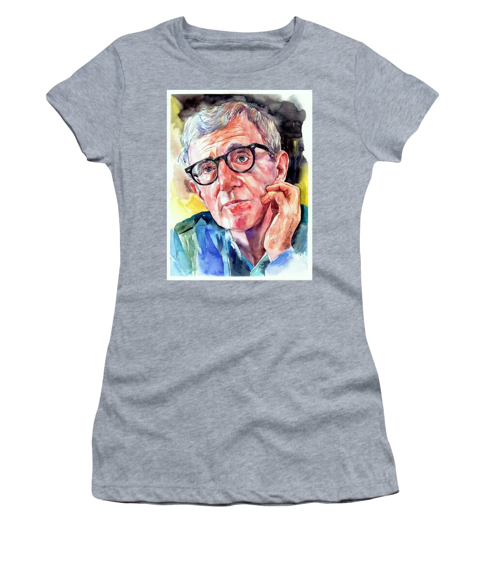 Painting Women's T-Shirt featuring the painting Woody Allen portrait painting by Suzann Sines