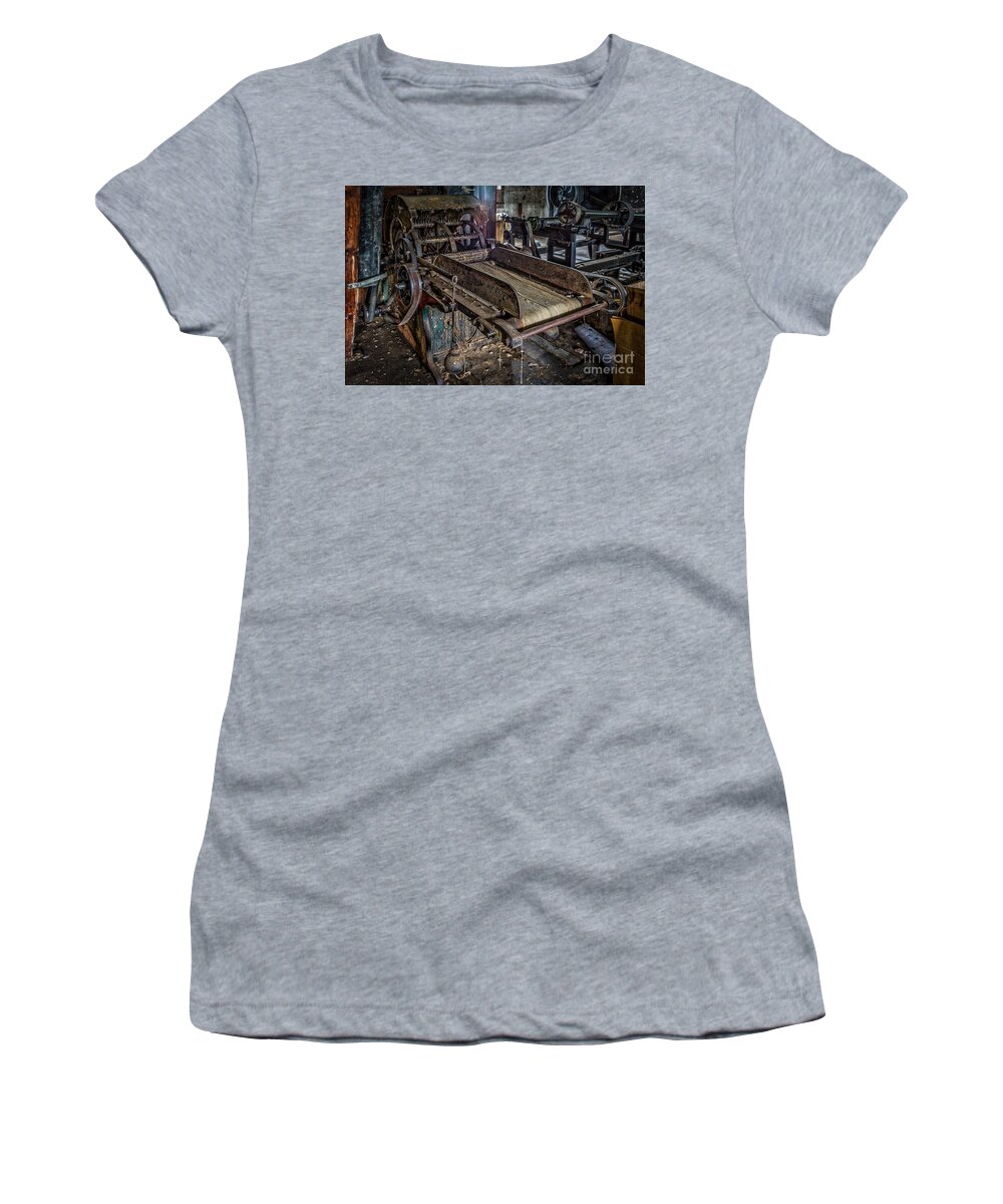 Waterside Woolen Mill Women's T-Shirt featuring the photograph Woolen Mill mahinery by Izet Kapetanovic