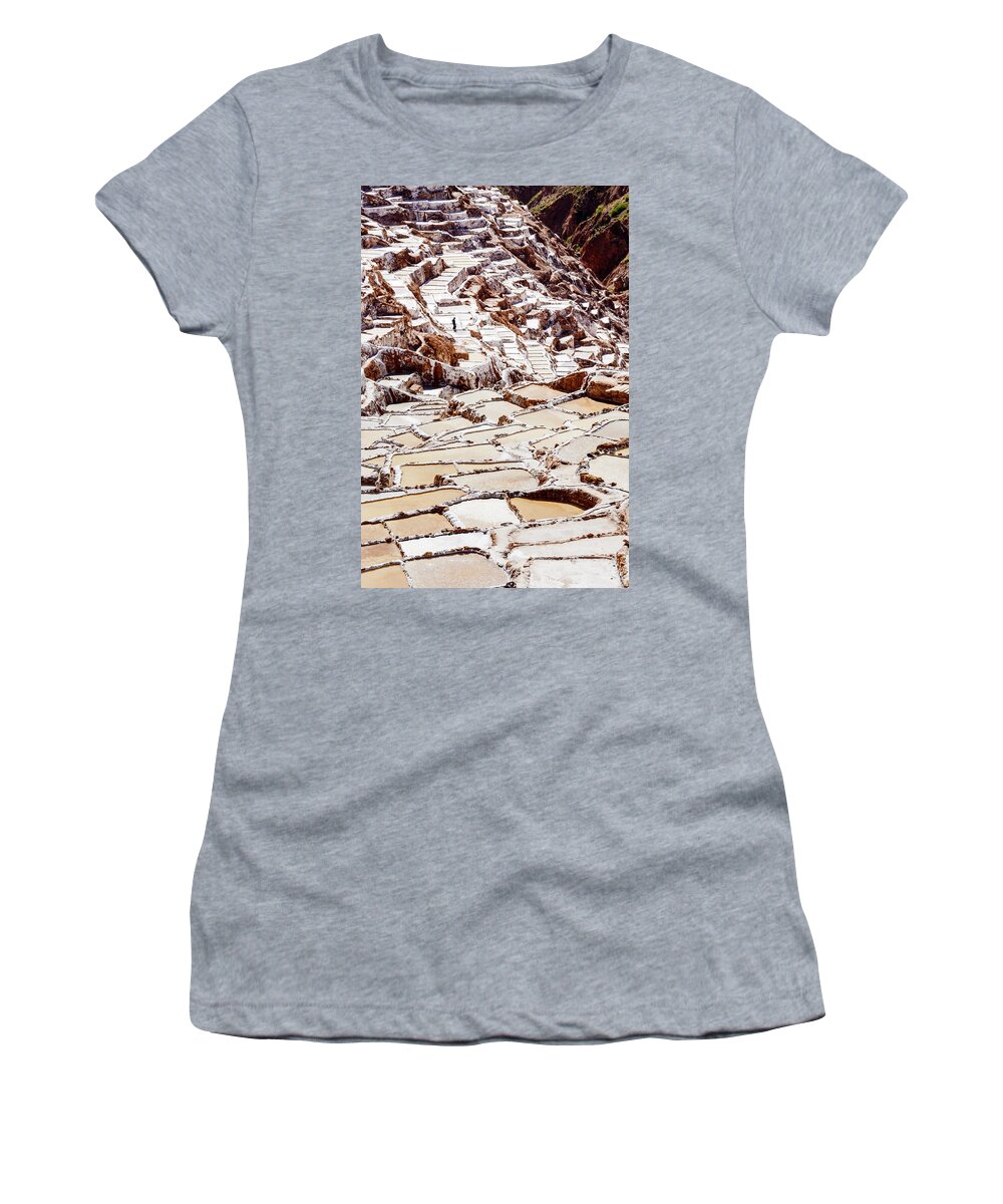 Cusco Women's T-Shirt featuring the photograph Working at the Salt Pools by Oscar Gutierrez