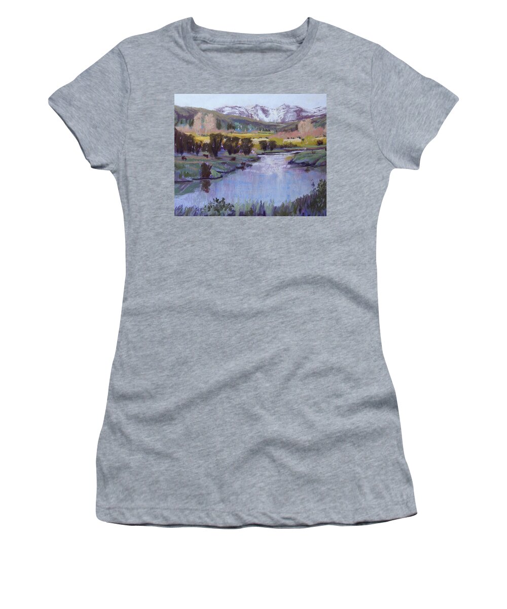 River Women's T-Shirt featuring the pastel Wyoming River by Heather Coen