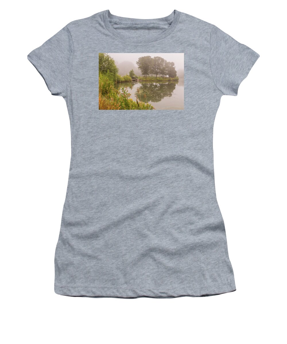 Island Women's T-Shirt featuring the photograph Misty Pond Bridge Reflection #5 by Patti Deters