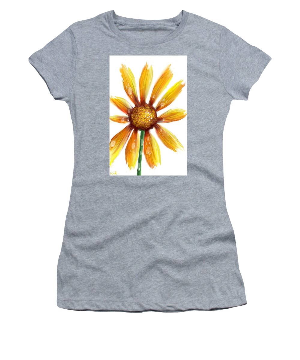Flower Women's T-Shirt featuring the painting Yellow Flower with dew drops by Kathleen Hromada
