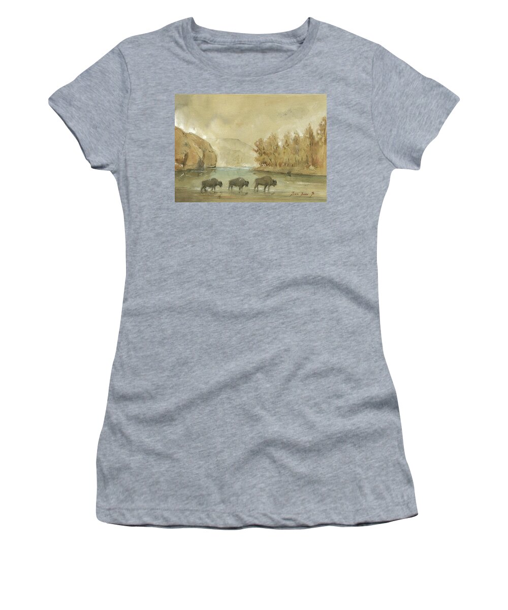 Yellowstone Women's T-Shirt featuring the painting Yellowstone and bisons by Juan Bosco