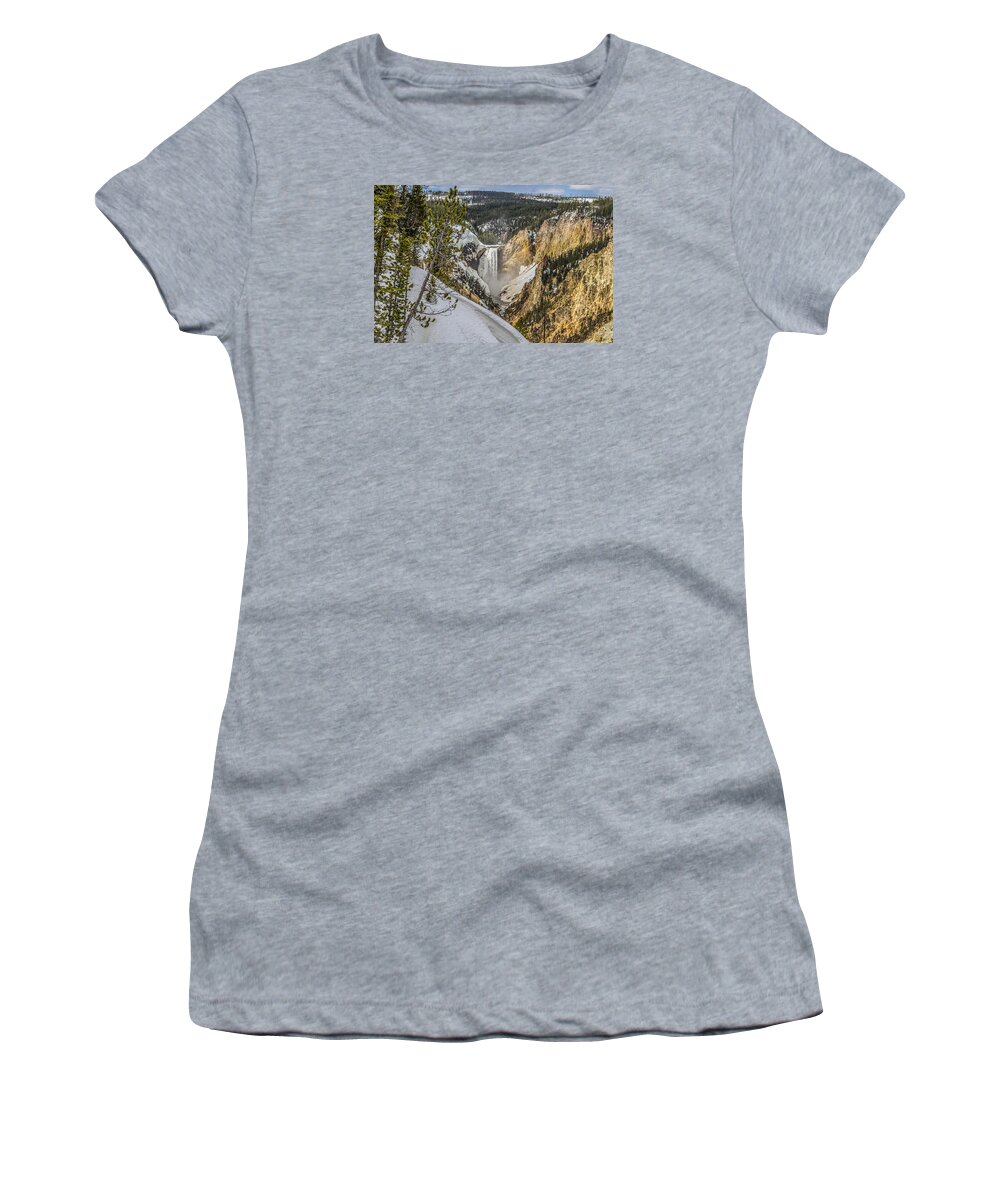 Lower Yellowstone Falls Women's T-Shirt featuring the photograph Yellowstone Falls In Winter Snow by Yeates Photography