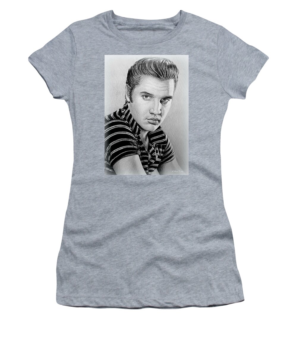 Elvis Women's T-Shirt featuring the drawing Young Elvis bw by Andrew Read