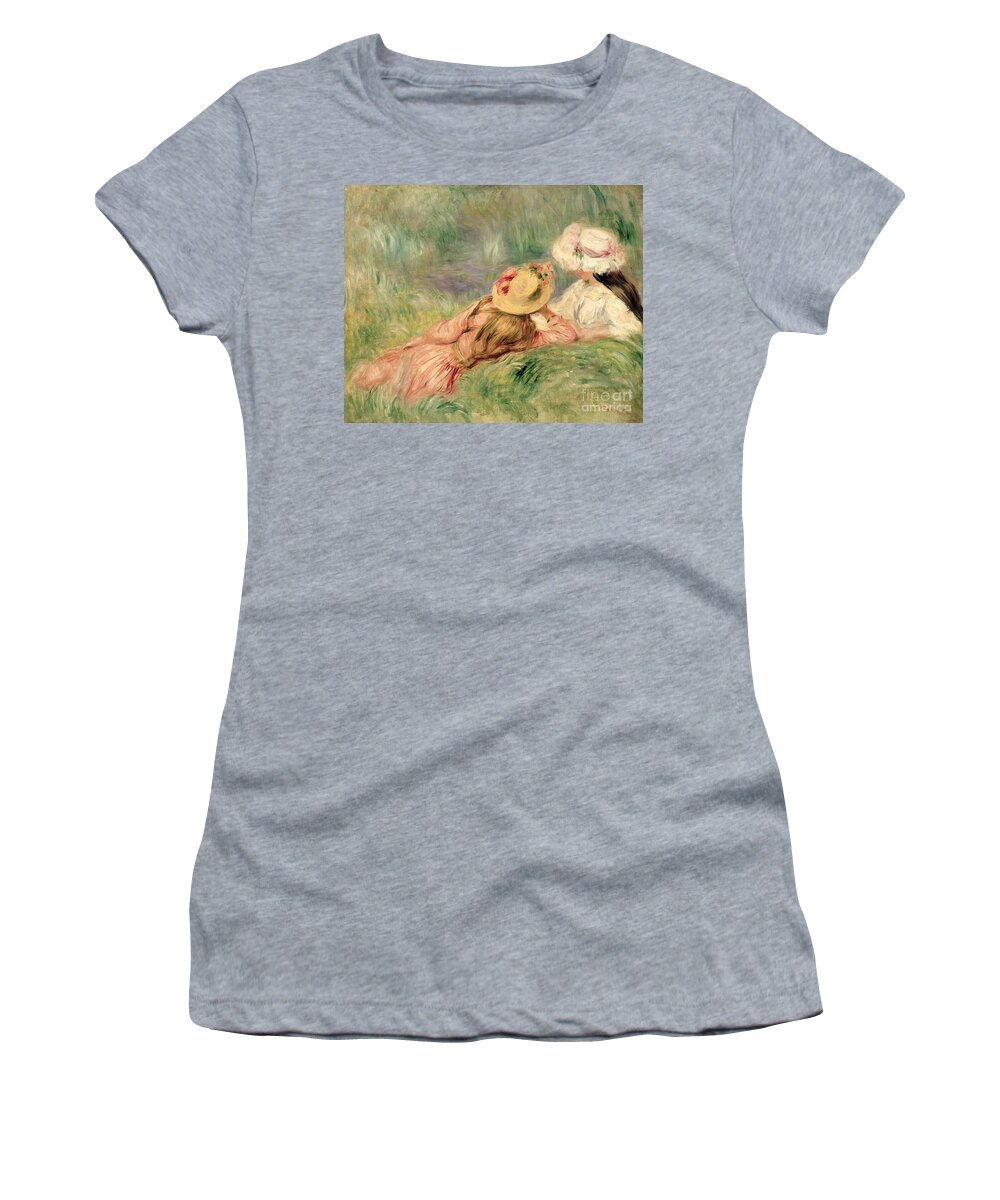 Young Women's T-Shirt featuring the painting Young Girls on the River Bank by Pierre Auguste Renoir