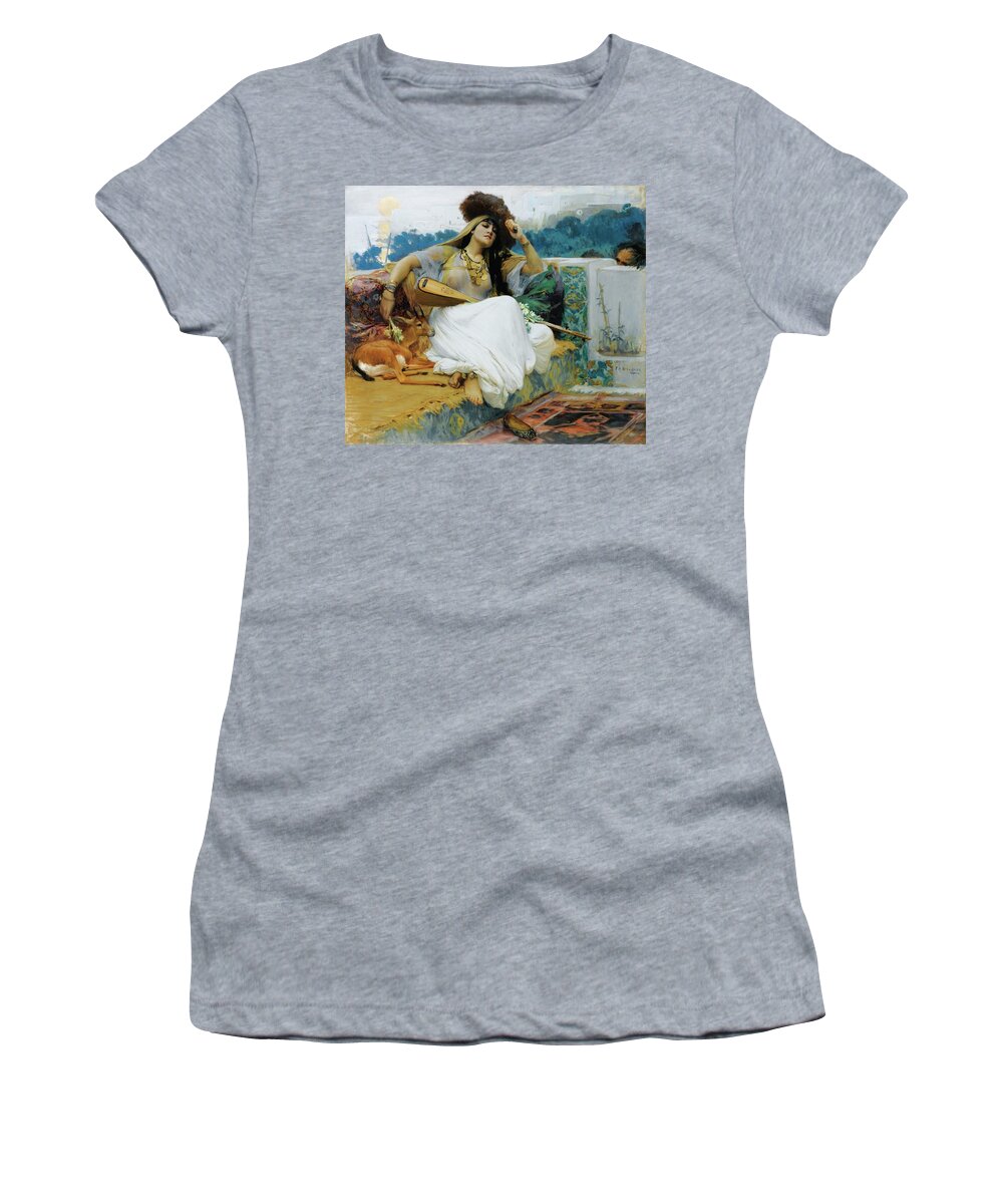 Frederick-arthur Bridgman ; Young Woman On A Terrace Women's T-Shirt featuring the painting Young Woman On A Terrace by Frederick