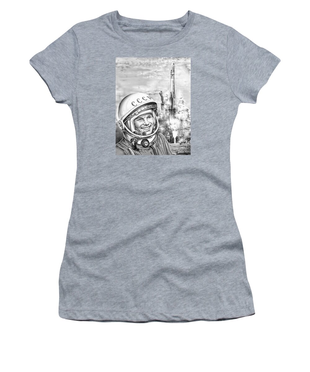 Yuri Gagarin Women's T-Shirt featuring the digital art Yuri Gagarin - Cosmonaut 1961 by Ian Gledhill