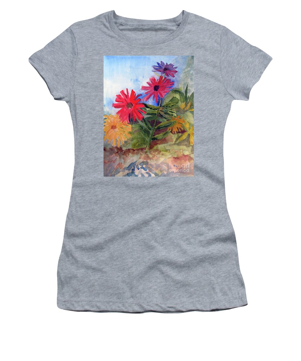 Zinnias Women's T-Shirt featuring the painting Zinnias in the Garden by Sandy McIntire