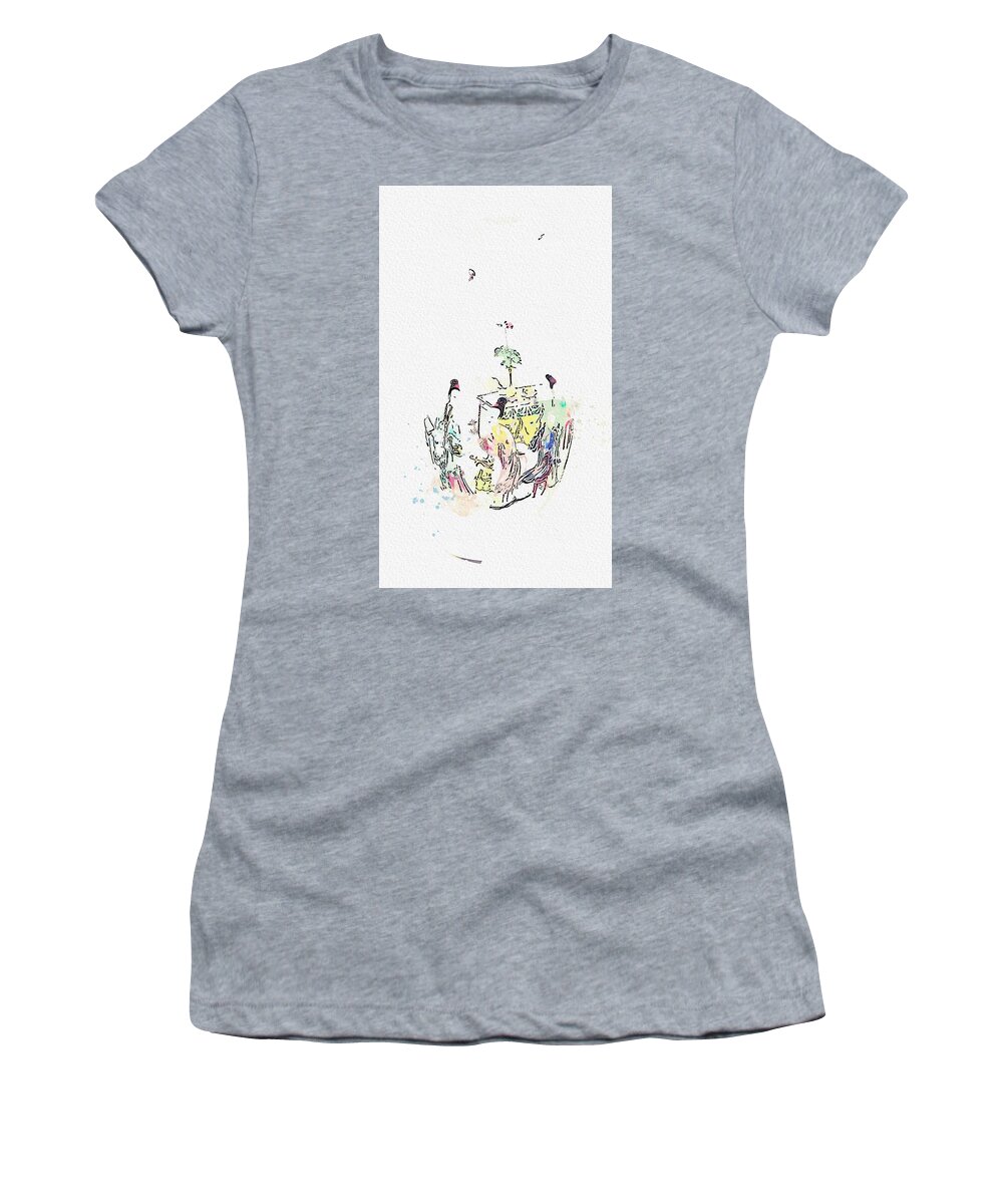 Pottery Women's T-Shirt featuring the painting A FAMILLE ROSE TWO-HANDLED BIRDS AND FLOWERS VASE watercolor by Ahmet Asar #1 by Celestial Images