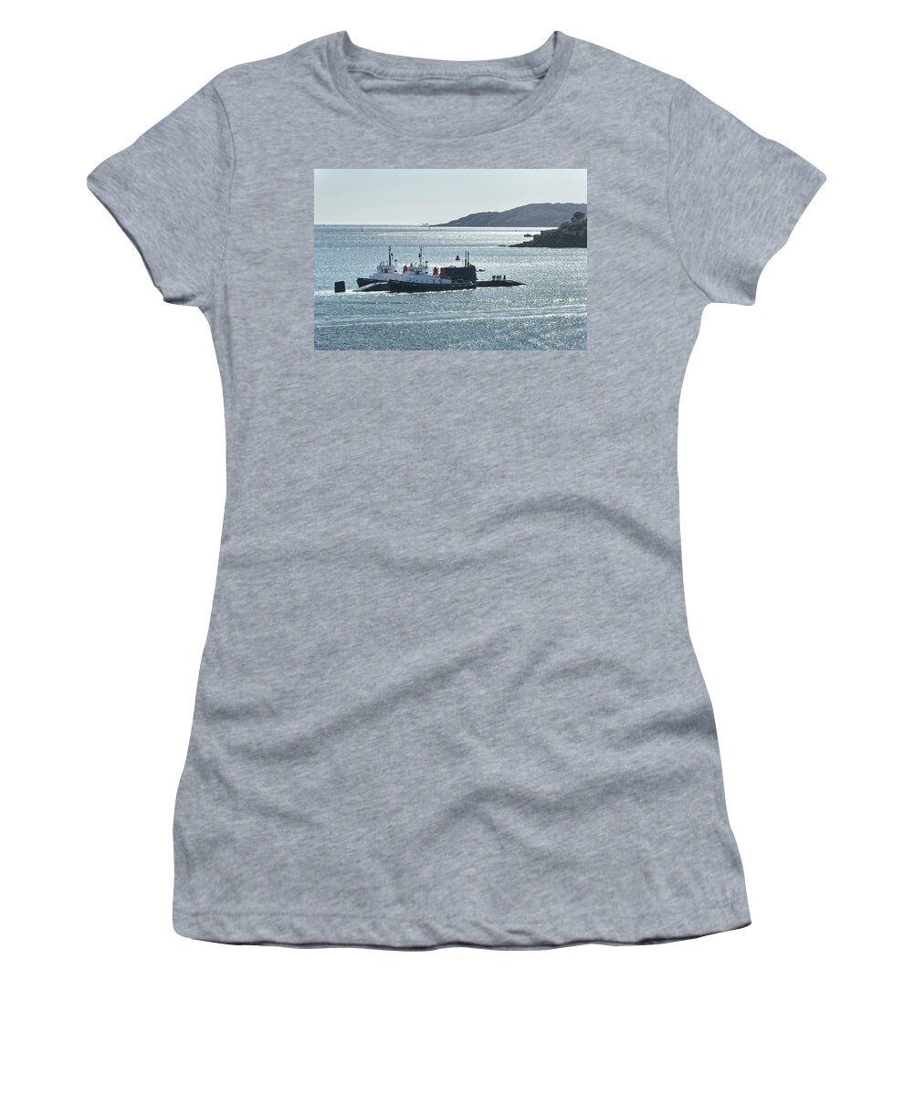 Ssn Women's T-Shirt featuring the photograph Astute class SSN under escort on Plymouth Sound #1 by Chris Day