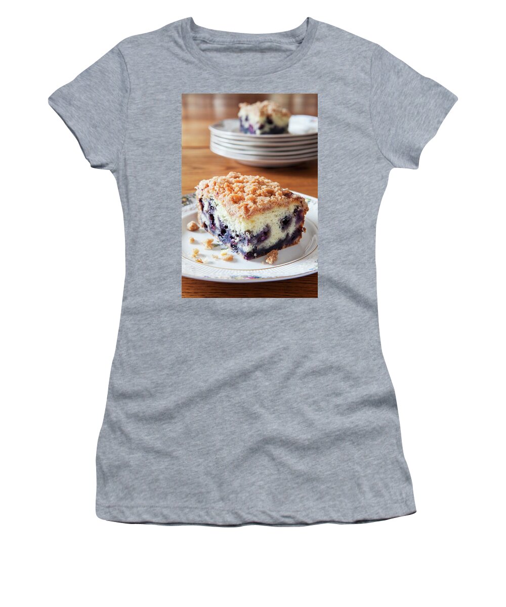Ip_11311795 Women's T-Shirt featuring the photograph Blueberry Buckle blueberry Cake, Usa On A Dining Room Table #1 by Amy Kalyn Sims