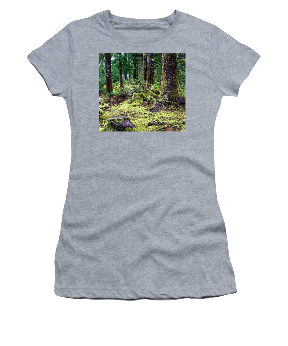 Close Up Women's T-Shirt featuring the photograph Forest Understory Yellow Green Moss by Robert C Paulson Jr