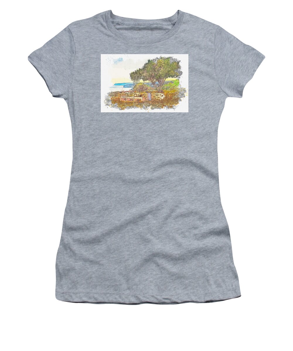 Nature Women's T-Shirt featuring the painting Costal Landscape in Kourion Cyprus - watercolor by Ahmet Asar #1 by Celestial Images