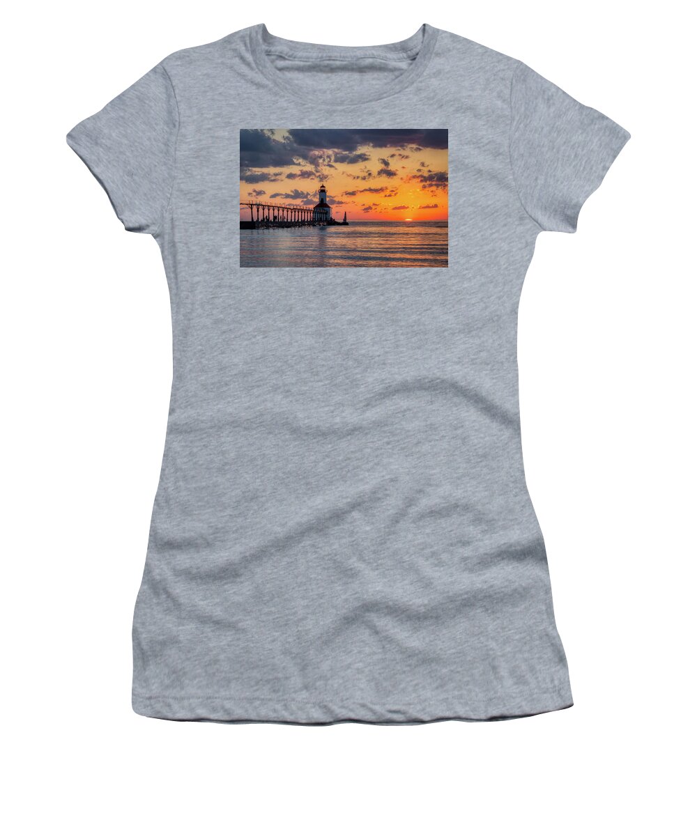 Architecture Women's T-Shirt featuring the photograph Dramatic Sunset at Michigan City East Pierhead Lighthouse #1 by Andy Konieczny