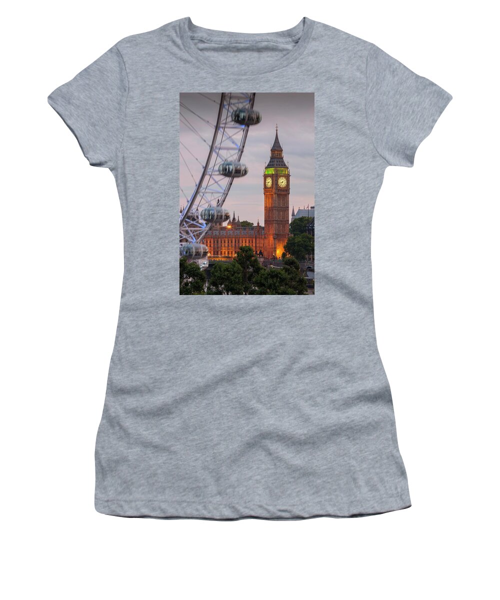 Estock Women's T-Shirt featuring the digital art England, London, Great Britain, City Of Westminster, Big Ben And Part Of Millennium Wheel #1 by Massimo Ripani