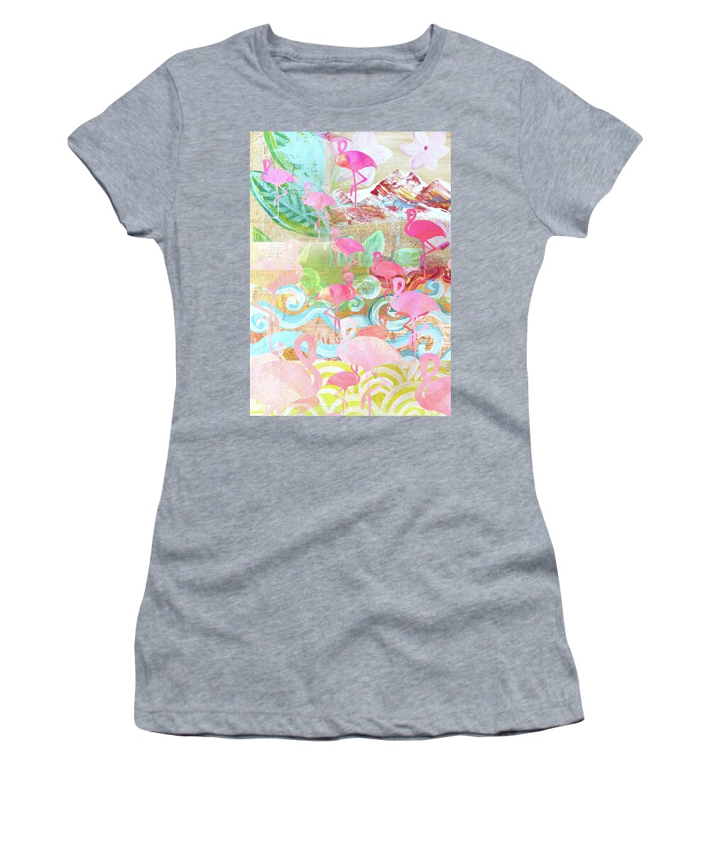 Flamingo Collage Women's T-Shirt featuring the mixed media Flamingo Collage by Claudia Schoen