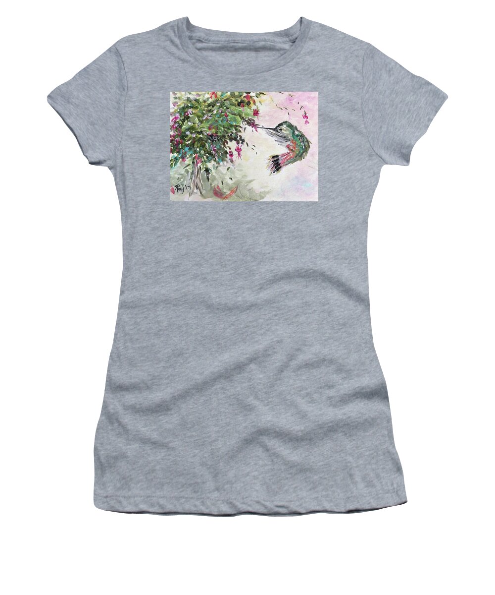 Hummingbird Women's T-Shirt featuring the painting Hummingbird with Fuchsias by Roxy Rich