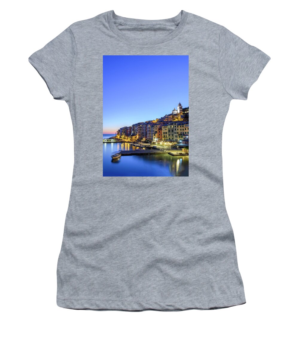Estock Women's T-Shirt featuring the digital art Italy, Liguria, La Spezia District, Riviera Di Levante, Portovenere, View Of The Village At Dusk #1 by Franco Cogoli