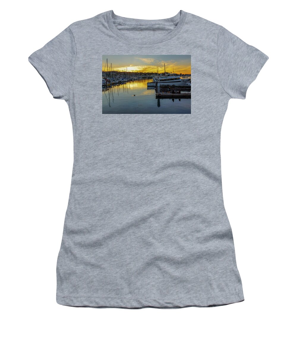 Fshermens Warf In Monterrey Women's T-Shirt featuring the photograph Monterey Municipal Marina Sunset #1 by Donald Pash