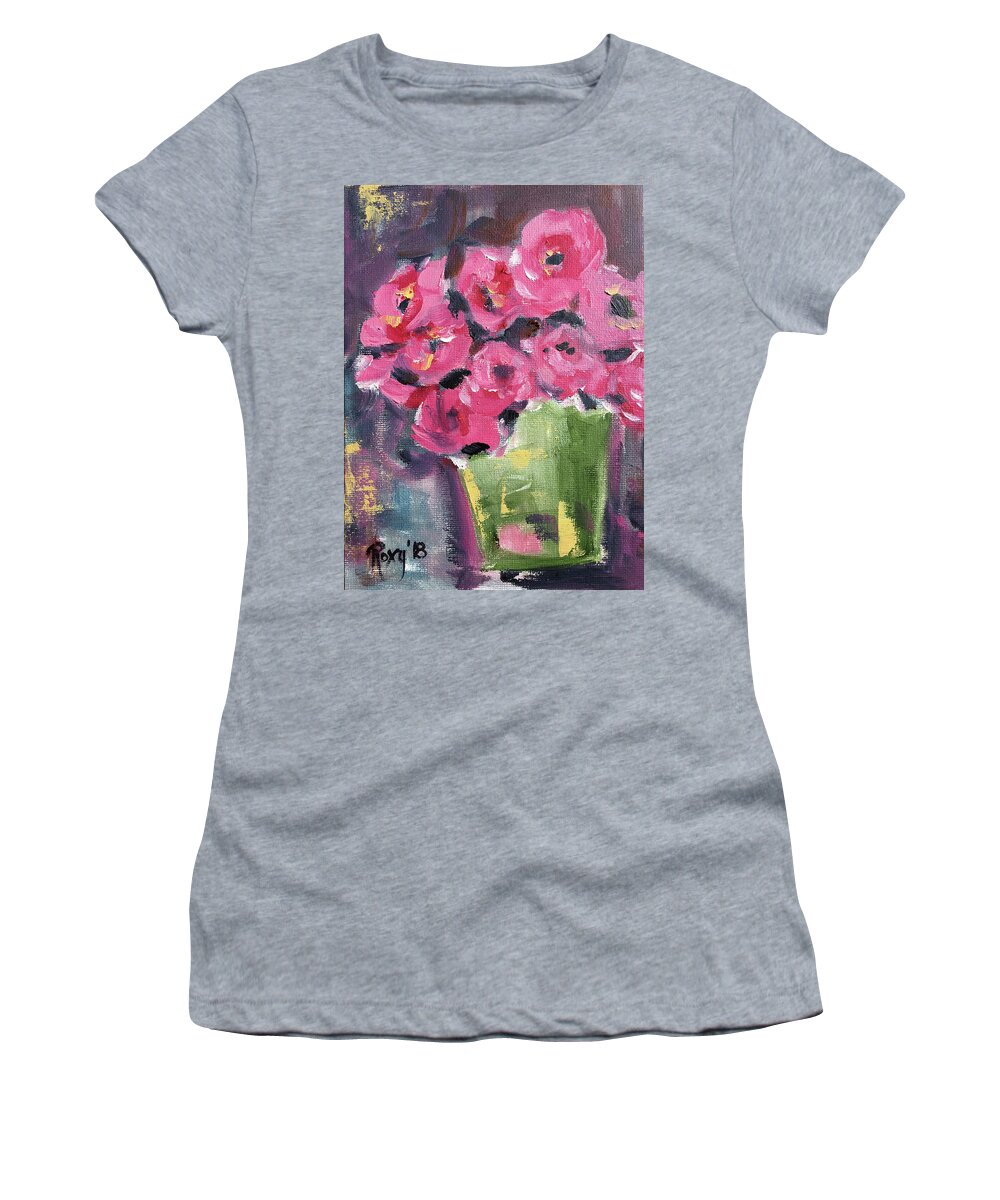 Roses Women's T-Shirt featuring the painting Pink Roses in a Green Bucket #1 by Roxy Rich