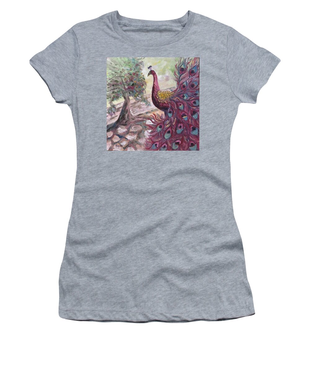 Peacock Women's T-Shirt featuring the painting Purple Peacock by Roxy Rich