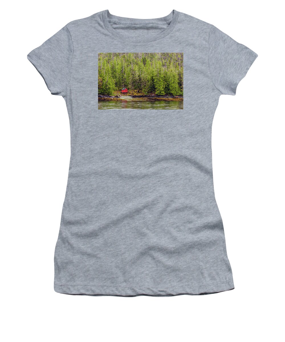 Alaska Women's T-Shirt featuring the photograph Red Cabin on Edge of Alaskan Waterway in Evergreen Forest #1 by Darryl Brooks