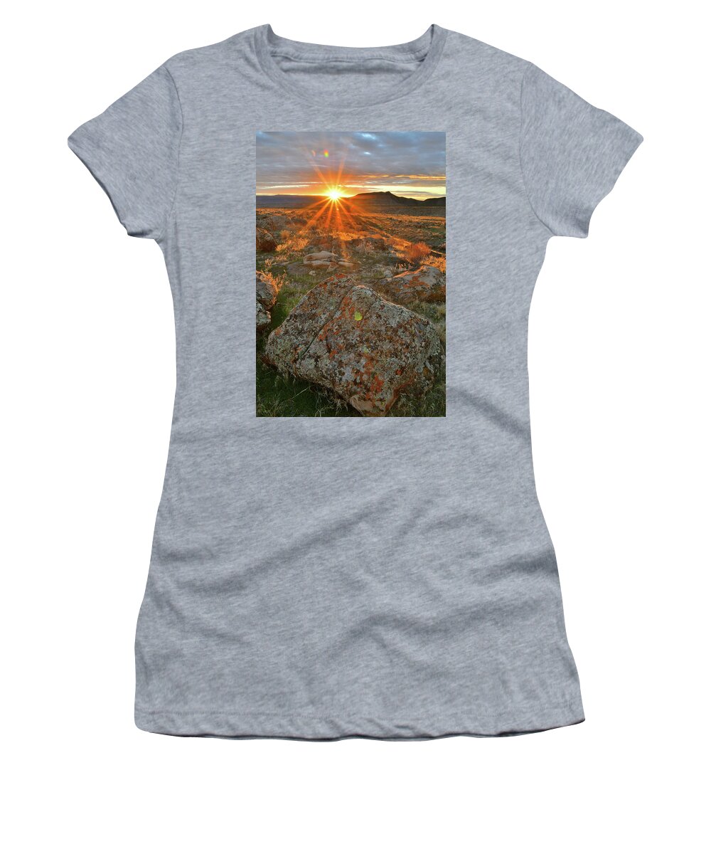 Book Cliffs Women's T-Shirt featuring the photograph Sunset Light on Book Cliff Boulders by Ray Mathis