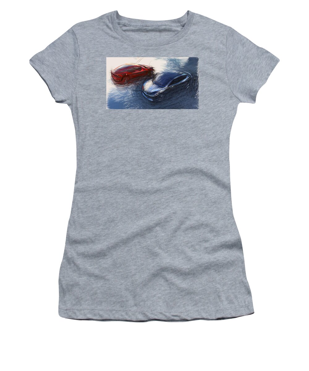 Tesla Women's T-Shirt featuring the digital art Tesla Model 3 Prototype Draw #2 by CarsToon Concept