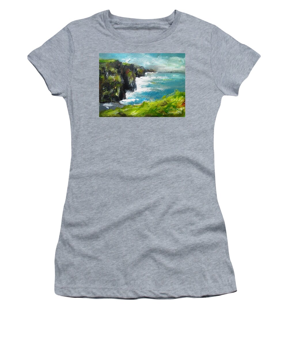 Moher Cliffs Women's T-Shirt featuring the painting Painting Of The Cliffs Of Moher County Clare Ireland by Mary Cahalan Lee - aka PIXI