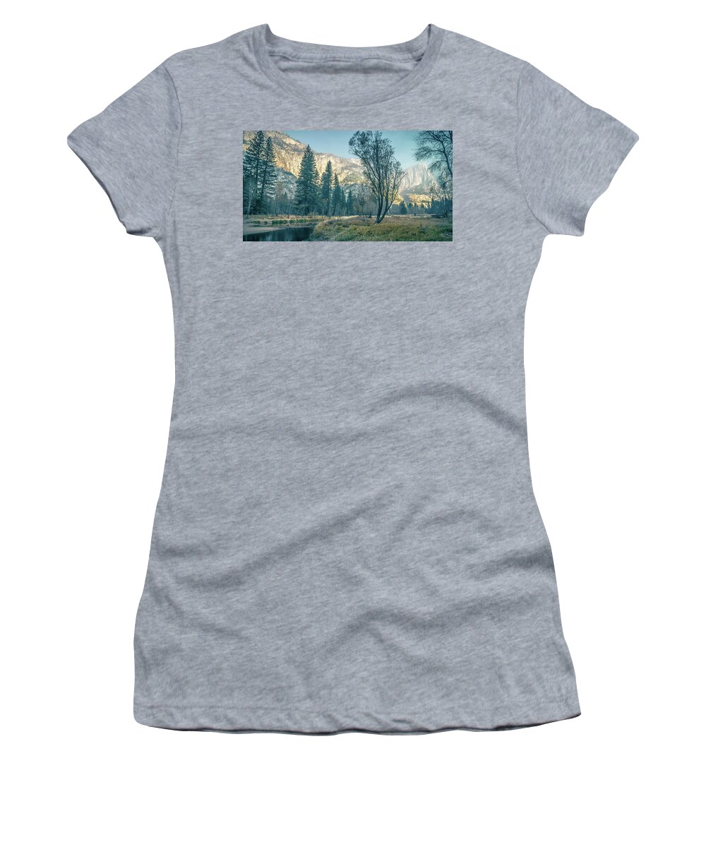 Morning Women's T-Shirt featuring the photograph Yosemite Valley on sunny autumn morning #1 by Alex Grichenko
