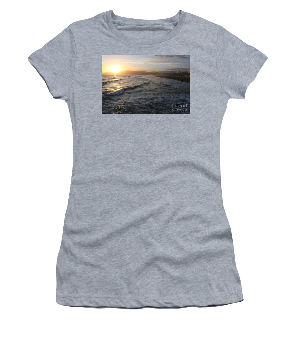 Sunset Women's T-Shirt featuring the photograph Pacific Sunset , Santa Monica, California #10 by John Shiron
