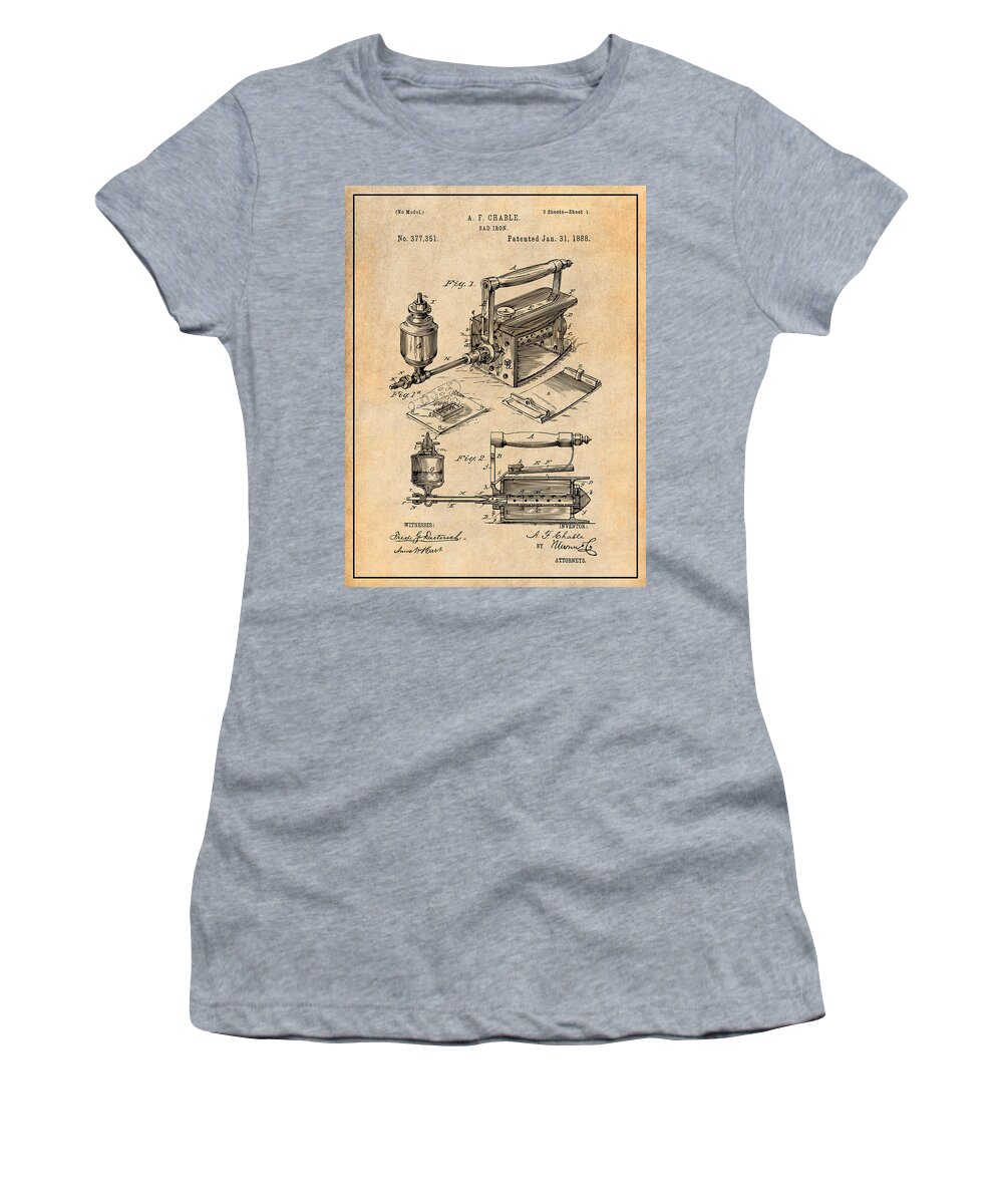Art & Collectibles Women's T-Shirt featuring the drawing 1888 Antique Sad Iron Patent Print Antique Paper by Greg Edwards