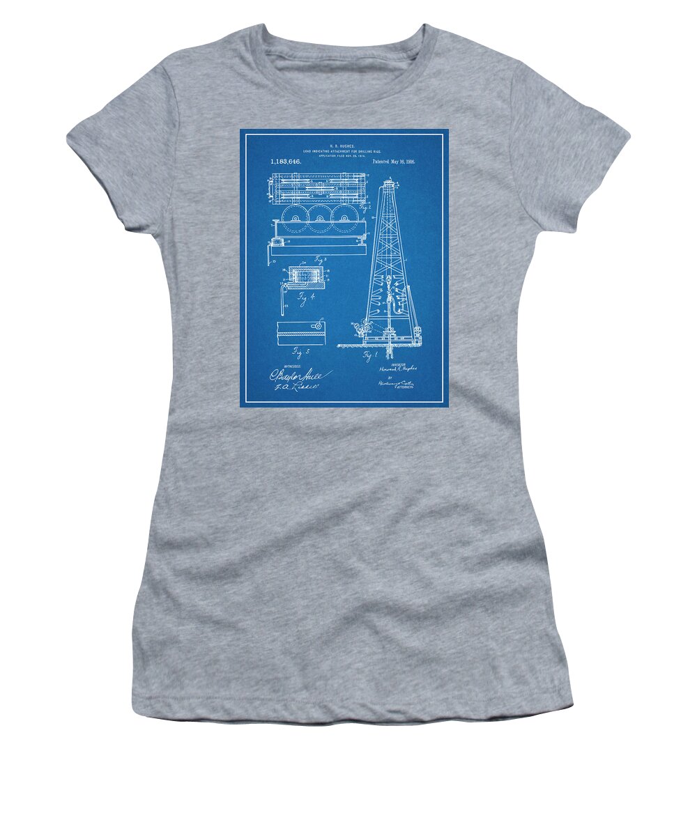 Howard Hughes Women's T-Shirt featuring the drawing 1916 Howard Hughes Oil Drilling Rig Attachment Patent Print Blueprint by Greg Edwards