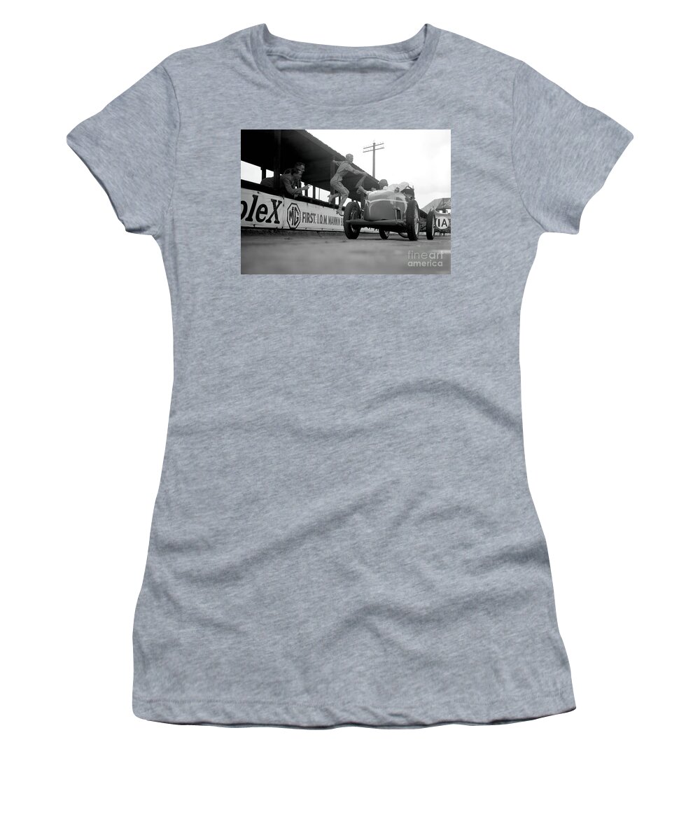 Vintage Women's T-Shirt featuring the photograph 1920s Woman Riding Mechanic Jumping In Race Car At Brooklands by Retrographs