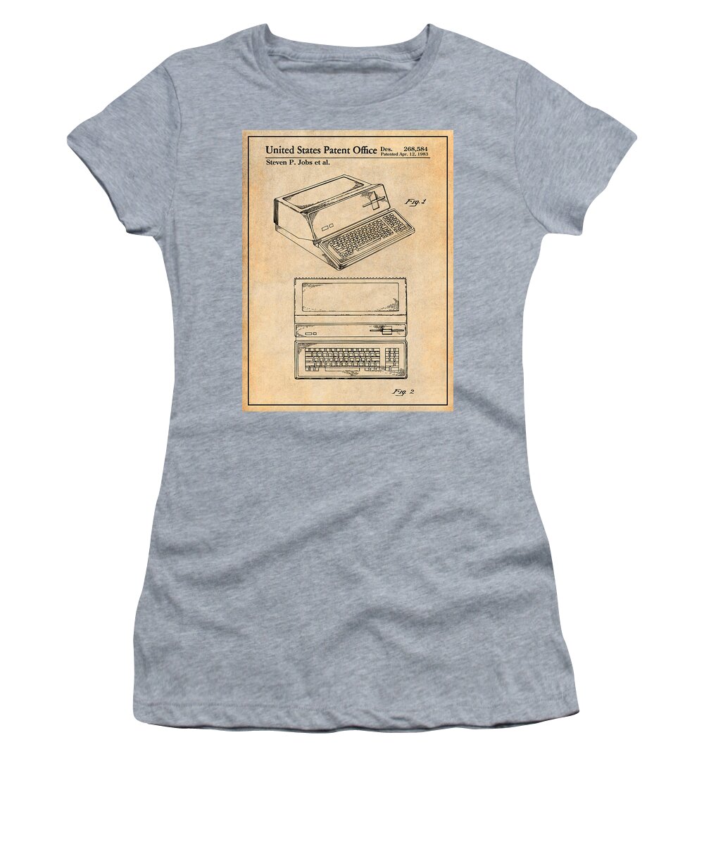 1983 Steve Jobs Apple Personal Computer Patent Print Women's T-Shirt featuring the drawing 1983 Steve Jobs Apple Personal Computer Antique Paper Patent Print by Greg Edwards