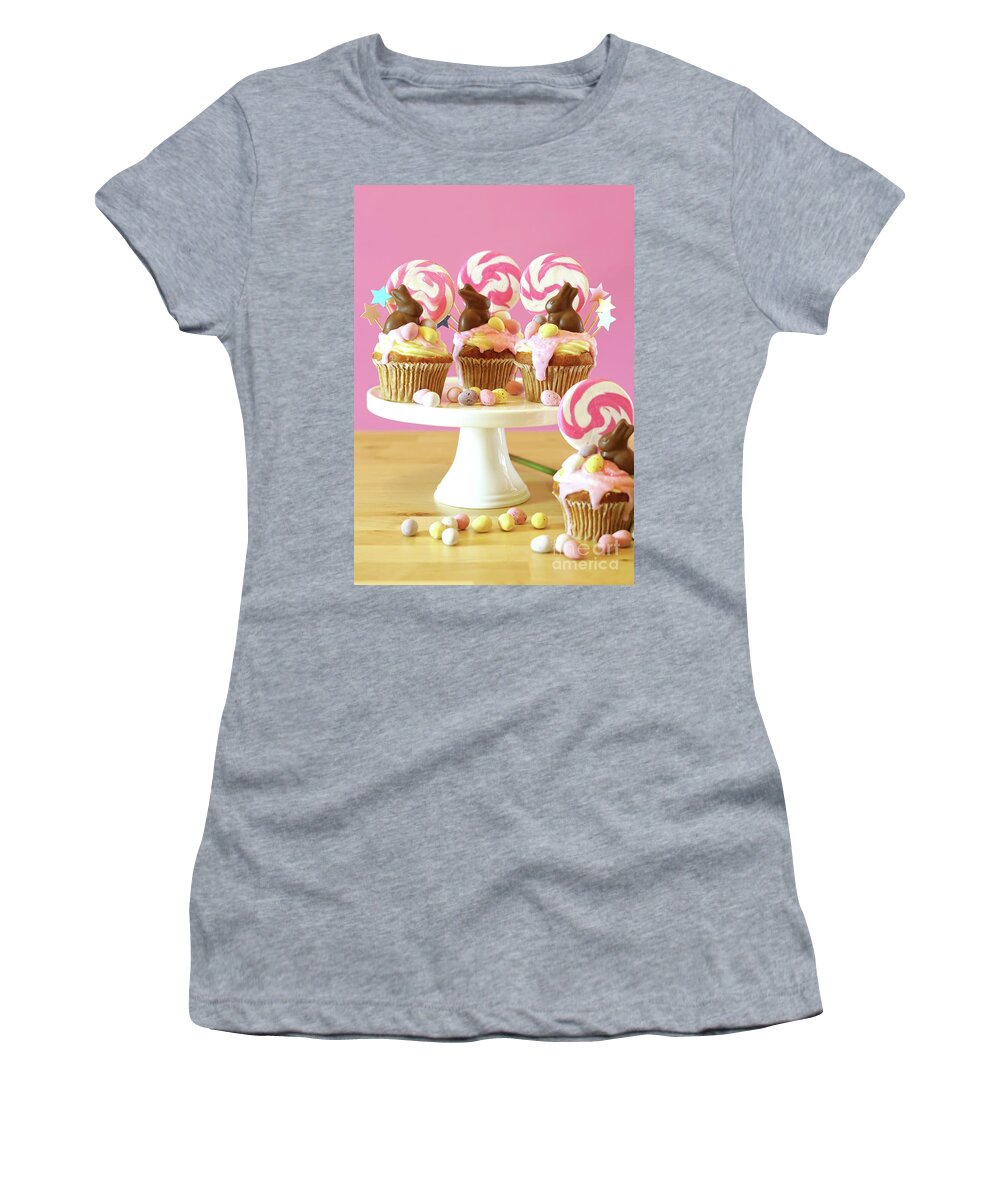 Easter Women's T-Shirt featuring the photograph Easter theme candy land drip cupcakes in party table setting. #3 by Milleflore Images