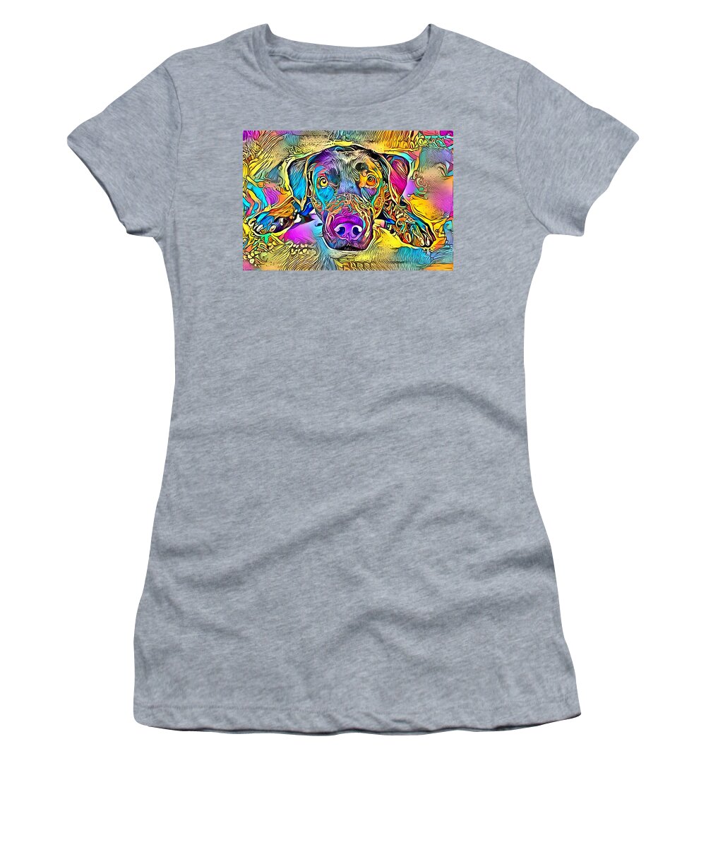 Dog Women's T-Shirt featuring the digital art A dog lies in bright and colourful colours by Gina Koch