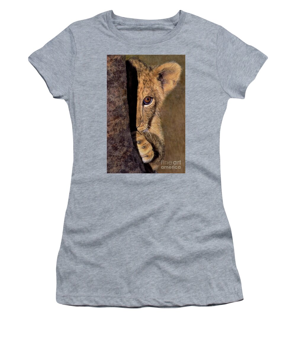 African Lion Women's T-Shirt featuring the photograph A Lion Cub Plays Hide and Seek Wildlife Rescue by Dave Welling