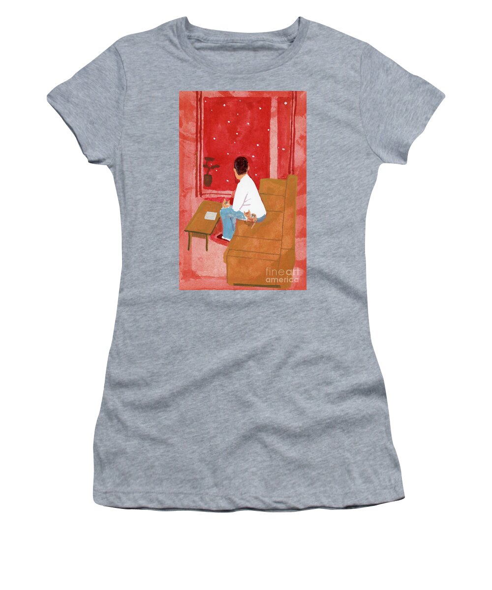 A Man Watching The City Of Snow From The Living Room Women's T-Shirt featuring the painting A Man Watching The City Of Snow From The Living Room by Hiroyuki Izutsu
