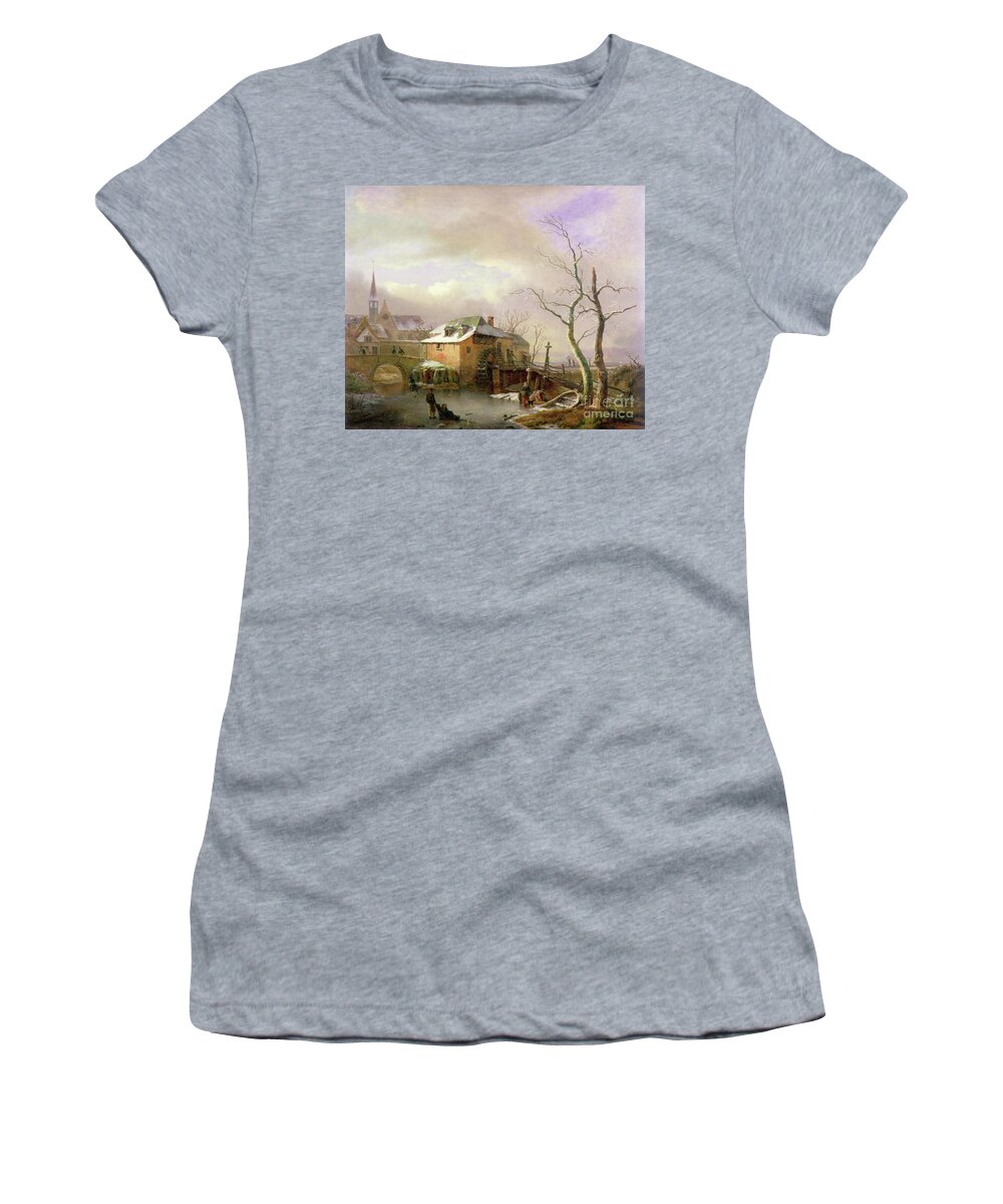 Skating Women's T-Shirt featuring the painting A Winter Landscape With Peasants On A Frozen Millpond By A Village by Ignatius Josephus Van Regemorter